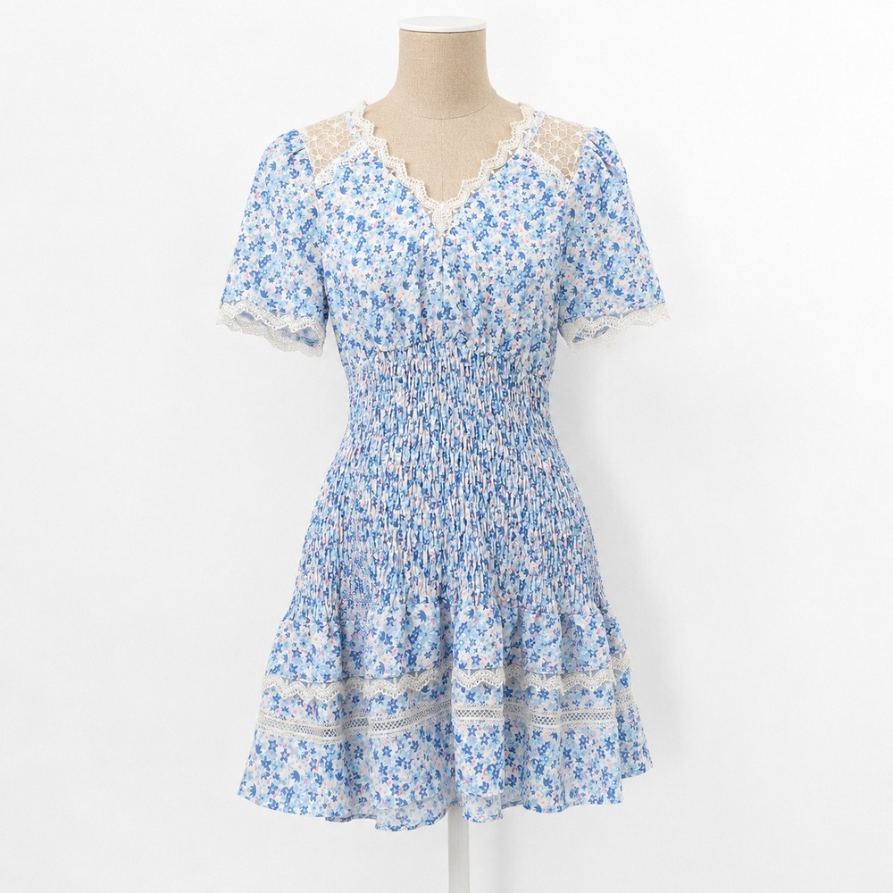 Cottagecore Floral Smocked Lace Mini Dress Size 6 Blue Coquette Fairy Twee Kpop